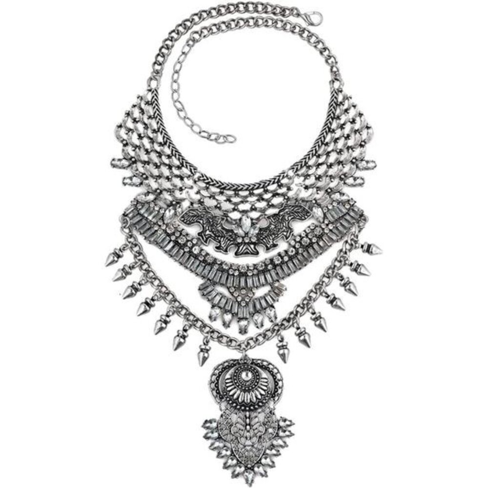 Chunky Boho Coin Statement Necklace with Long Tassel for  in Silver